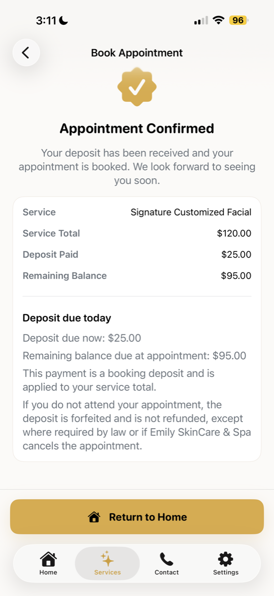 Emily SkinCare iOS confirmation screen showing a completed appointment booking summary after deposit payment.