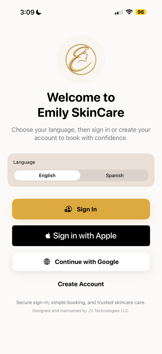 Emily SkinCare iOS home screen with language selection, sign-in options, and branded onboarding.