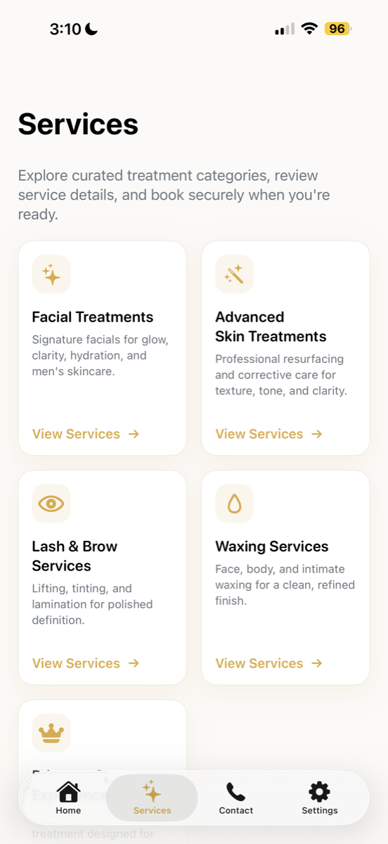 Emily SkinCare iOS services screen showing treatment categories in a card-based browsing layout.